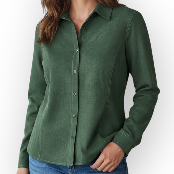 Erika Tops - Erika Faux Suede Button Up Shirt Jacket Green Long Sleeve Women’s Size Small